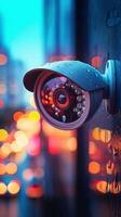 ai generato sicurezza sorveglianza cctv telecamera orologi al di sopra di con morbido bokeh illuminazione verticale mobile sfondo foto