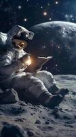 ai generato lunare alfabetizzazione astronauta assorto nel lettura su il tranquillo Luna verticale mobile sfondo foto