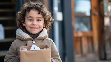 ai generato contento bambino Tenere pacchetto per bottiglie foto