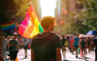 ai generato persone a orgoglio parata con arcobaleno bandiere. LGBTQ celebrazione marzo. foto