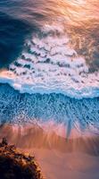 ai generato alto angolo di Visualizza di idilliaco spiaggia con schiumoso onde e vuoto spazio per testo. paesaggio superiore Visualizza Immagine di Paradiso spiaggia. foto