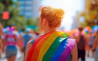 ai generato persone a orgoglio parata con arcobaleno bandiere. LGBTQ celebrazione marzo. foto