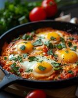 ai generato shakshuka con uovo su superiore nel nero padella foto