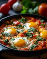 ai generato shakshuka con uovo su superiore nel nero padella foto