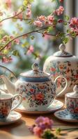 ai generato floreale a tema tè impostato ornato con delicato fiori per elegante presentazione verticale mobile sfondo foto