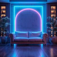 ai generato futuristico vivente camera con elegante pelle divani sotto blu neon per sociale media inviare dimensione foto