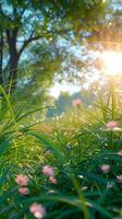 ai generato idilliaco primavera giorno con chiaro cieli e caldo luce del sole verticale mobile sfondo foto