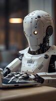 ai generato futuristico robot utilizza computer portatile, simboleggiante artificiale intelligenza rivoluzione verticale mobile sfondo foto