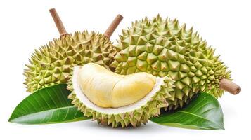 ai generato durian frutta tagliare nel metà isolato su bianca sfondo. foto