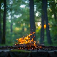 ai generato all'aperto ambiance fuoco di bivacco sfarfallio al di sopra di vivace verde sfondo per sociale media inviare dimensione foto