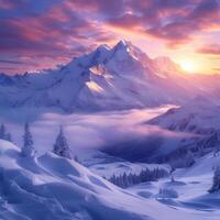 ai generato incantevole alba scena inverno montagne bagnata nel morbido mattina leggero per sociale media inviare dimensione foto