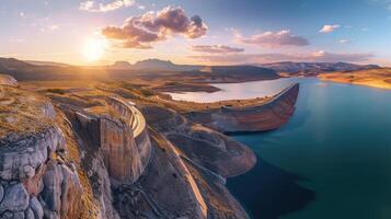 ai generato acqua diga e serbatoio lago aereo panoramico Visualizza foto