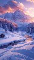 ai generato incantevole alba scena inverno montagne bagnata nel morbido mattina leggero verticale mobile sfondo foto