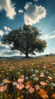 ai generato nature grandezza enorme albero in mezzo tentacolare fiore campo sotto estate cielo verticale mobile sfondo foto