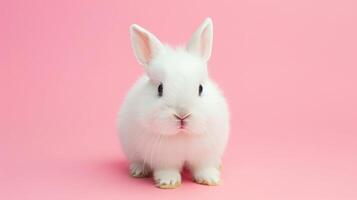 ai generato davanti Visualizza di bianca coniglio , rosa sfondo foto