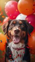 ai generato canino celebrazione cane circondato di festivo palloncini e decorazioni verticale mobile sfondo foto