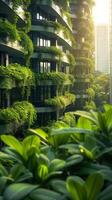 ai generato nature toccare nel il città bellissimo verde impianti fiorire centro verticale mobile sfondo foto