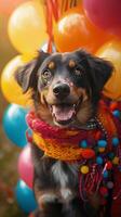 ai generato festivo peloso amico cane gode feste tra colorato decorazioni verticale mobile sfondo foto