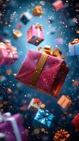ai generato capriccioso vacanza scena colorato Natale regalo scatole scendere a partire dal sopra verticale mobile sfondo foto