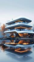 ai generato futuristico architettura moderno Casa silhouette nel Impressionante 3d interpretazione verticale mobile sfondo foto