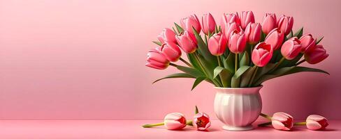 ai generato rosa tulipano fiori mazzo è presentata su vaso durante primavera foto