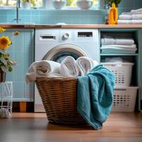 ai generato sporco lavanderia attende lavaggio nel cestino accanto lavanderia macchina per sociale media inviare dimensione foto