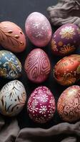 ai generato festivo uovo collezione assortito Pasqua uova nel allegro colori verticale mobile sfondo foto