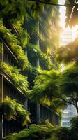 ai generato nature toccare nel il città bellissimo verde impianti fiorire centro verticale mobile sfondo foto