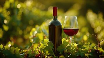 ai generato generativo ai, rosso vino bottiglia finto su con vino bicchiere su vigneto paesaggio nel il luce del sole, copia spazio e posto per logo foto