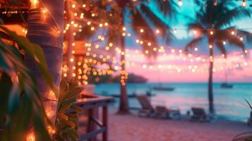 ai generato sfocato spiaggia bar sfondo a tramonto. bar superiore e sedie, palma alberi, caldo corda luci, con oceano onde e un' colorato cielo. foto