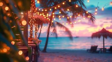 ai generato sfocato spiaggia bar sfondo a tramonto. bar superiore e sedie, palma alberi, caldo corda luci, con oceano onde e un' colorato cielo. foto