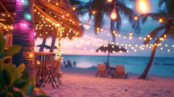 ai generato sfocato crepuscolo spiaggia bar sfondo. sedie, palma alberi, caldo corda luci, con oceano onde e un' colorato cielo. foto