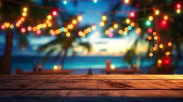 ai generato sfocato spiaggia bar superiore sfondo a tramonto. sedie, palma alberi, caldo corda luci, con oceano onde e un' colorato cielo. foto