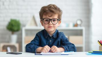 ai generato carino poco scuola ragazzo nel nero telaio occhiali, ragazzo bambino seduta a un' scrivania nel un' bianca interno foto