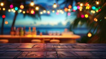 ai generato sfocato spiaggia bar superiore sfondo a tramonto. sedie, palma alberi, caldo corda luci, con oceano onde e un' colorato cielo. foto