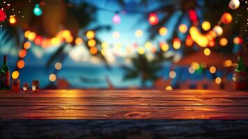 ai generato sfocato spiaggia bar superiore sfondo a tramonto. sedie, palma alberi, caldo corda luci, con oceano onde e un' colorato cielo. foto