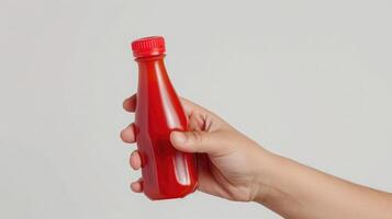 ai generato mano Tenere ketchup bottiglia sottosopra giù e spremitura su bianca sfondo foto