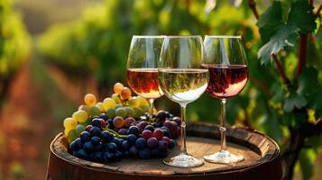 ai generato tre bicchieri con bianca, rosa e rosso vino su un' di legno barile nel il vigneto. foto