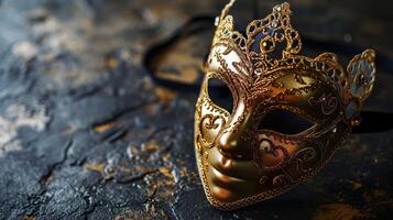 ai generato bellissimo d'oro carnevale masquerade parata maschera su sfocato buio blu sfondo con bokeh luci. copia spazio. per veneziano costume Festival celebrazione, invito, promozione. foto