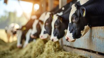 ai generato moderno all'aperto stalla a latteria azienda agricola con mandria di mungitura Holstein mucche mangiare fieno a partire dal mangiatoia foto