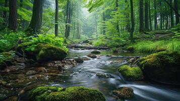 ai generato tranquillo foresta e ruscello scenario con coperto di muschio rocce foto