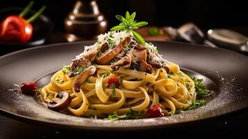 ai generato pasta con funghi, pomodori decorato con prezzemolo basilico. servendo fantasia italiano cucina cibo nel un' ristorante. foto