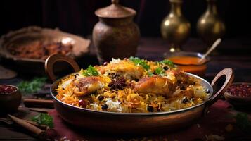 ai generato speziato pollo biryani cucina nel un' brillante argento ciotola, autentico indiano cibo, servendo fantasia cibo nel un' ristorante. foto