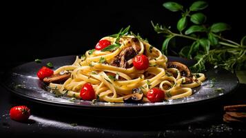 ai generato italiano pasta con funghi, pomodori decorato con prezzemolo basilico. servendo fantasia vegetariano cibo nel un' ristorante. foto