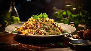 ai generato pasta con funghi, pomodori decorato con prezzemolo basilico. servendo fantasia italiano cucina cibo nel un' ristorante. foto