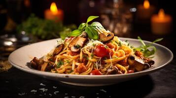 ai generato pasta con funghi, pomodori decorato con prezzemolo basilico. servendo fantasia italiano cucina cibo nel un' ristorante. foto