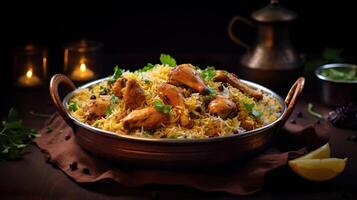 ai generato pollo biryani nel un' brillante argento ciotola, speziato curry e aromatico sapori, autentico indiano cibo, servendo fantasia cibo nel un' ristorante. foto