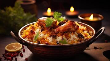 ai generato speziato pollo biryani cucina nel un' brillante argento ciotola, autentico indiano cibo, servendo fantasia cibo nel un' ristorante. foto