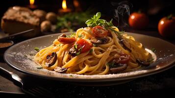 ai generato italiano pasta con funghi, pomodori decorato con prezzemolo basilico. servendo fantasia vegetariano cibo nel un' ristorante. foto