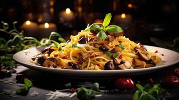 ai generato italiano pasta con funghi, pomodori decorato con prezzemolo basilico. servendo fantasia vegetariano cibo nel un' ristorante. foto